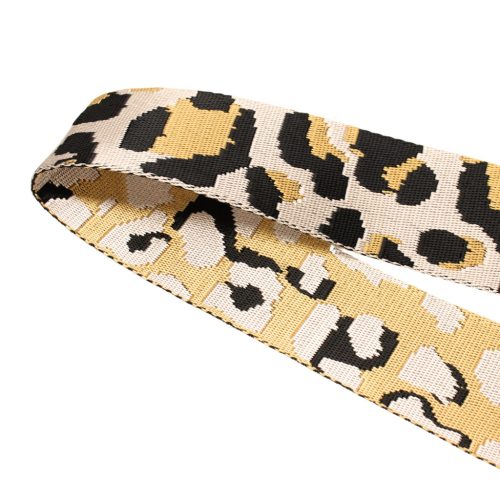 Leopard patterned patterned Woven Webbing, Black-Beige-Gold, 50 mm